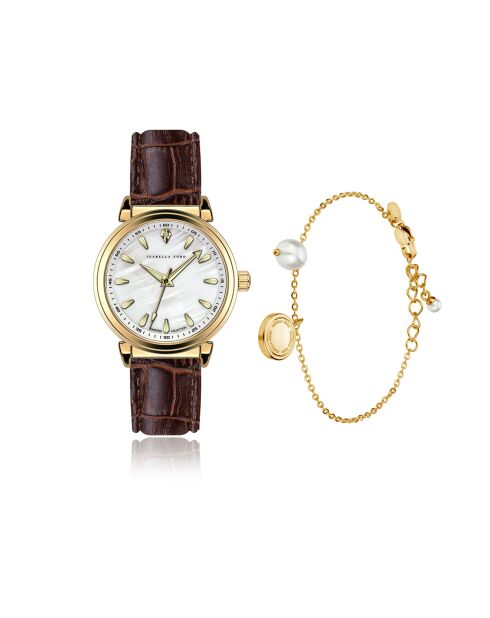Montre & Bracelet Barbara en Cuir & Diamant marron/doré