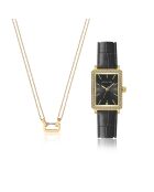 Montre & Collier Adélaïde en Cuir & Diamant noir/doré