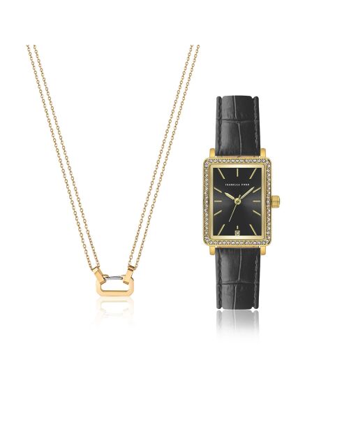 Montre & Collier Adélaïde en Cuir & Diamant noir/doré