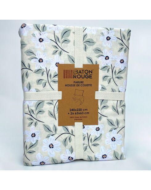 Parure Housse de Couette 100% Gaze de Coton Imprimé Loucile blanche
