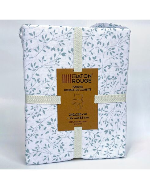 Parure Housse de Couette 100% Gaze de Coton Imprimé Murmure blanche