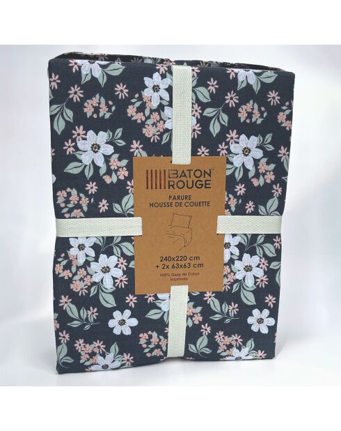 Parure Housse de Couette 100% Gaze de Coton Imprimé Sakuria noire