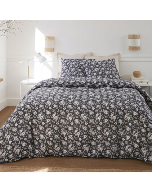 Parure Housse de Couette 100% Gaze de Coton Imprimé Sakuria noire