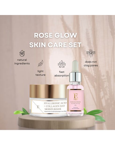 Rose Flower Radiance Gesichtsöl + Tagescreme mit Hyaluronsäure und Kollagen - 2 Stück