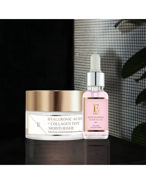 Rose Flower Radiance Gesichtsöl + Tagescreme mit Hyaluronsäure und Kollagen - 2 Stück