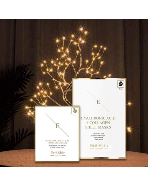 Maschera Duo a base di acido ialuronico e collagene + cerotti per occhi con doppio collagene e idrogel di rosa