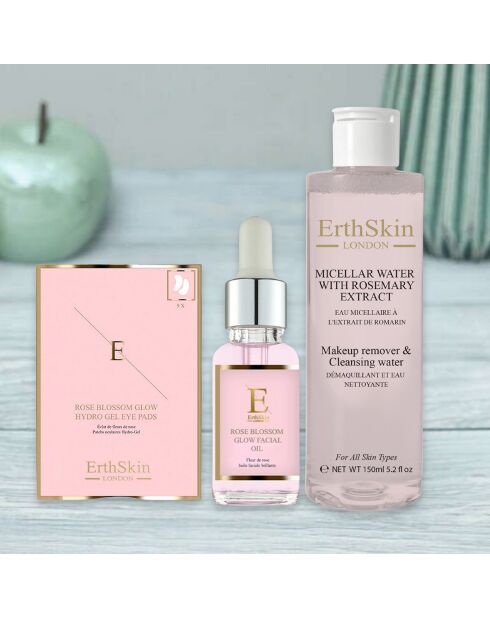 Agua micelar con extracto de romero, aceite facial que resplandece en forma de flor de rosa y almohadillas de hidrogel que brillan en forma de flor de rosa, 3 unidades