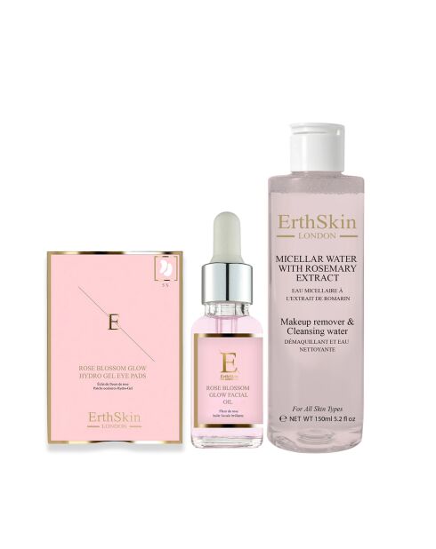 Agua micelar con extracto de romero, aceite facial que resplandece en forma de flor de rosa y almohadillas de hidrogel que brillan en forma de flor de rosa, 3 unidades