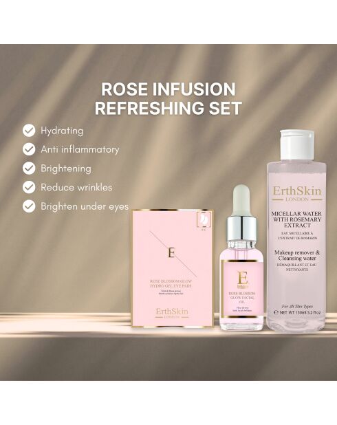 Agua micelar con extracto de romero, aceite facial que resplandece en forma de flor de rosa y almohadillas de hidrogel que brillan en forma de flor de rosa, 3 unidades