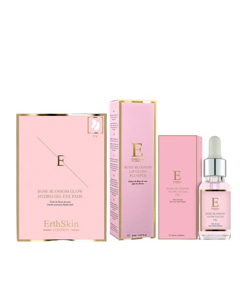 Rose Flower Glow gezichtsolie + Rose Flower Glow Hydrogel oogkussentjes + Plumping Rose Flower Glow Lipgloss - 3 stuks