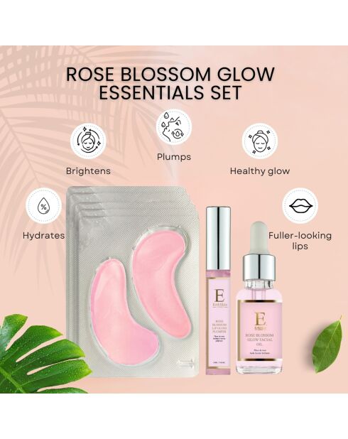 Rose Flower Glow gezichtsolie + Rose Flower Glow Hydrogel oogkussentjes + Plumping Rose Flower Glow Lipgloss - 3 stuks