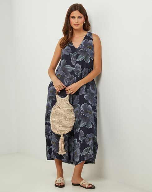 Jumpsuit van 100% linnen met blauwe bessen en marineblauw