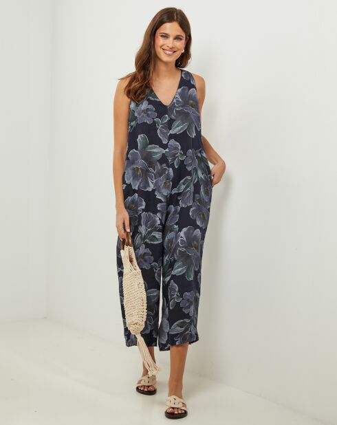 Jumpsuit van 100% linnen met blauwe bessen en marineblauw
