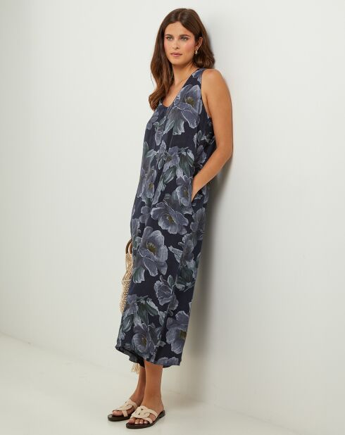 Jumpsuit van 100% linnen met blauwe bessen en marineblauw