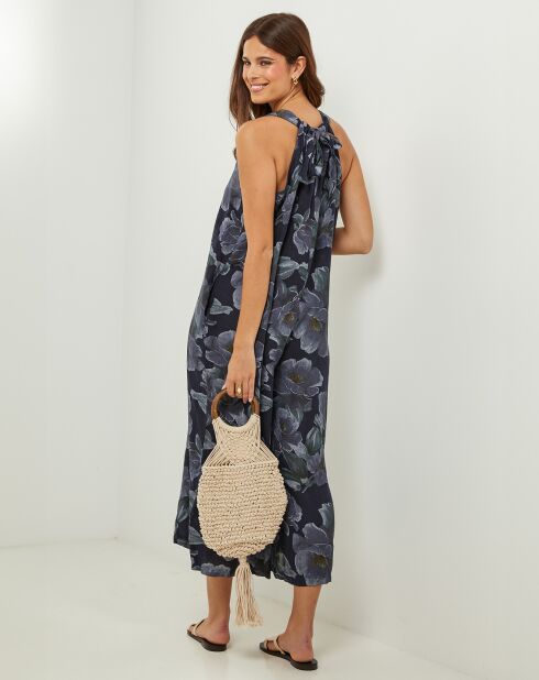 Jumpsuit van 100% linnen met blauwe bessen en marineblauw