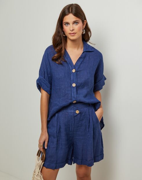 Marineblaues Marshmallow-Hemd aus 100% Leinen