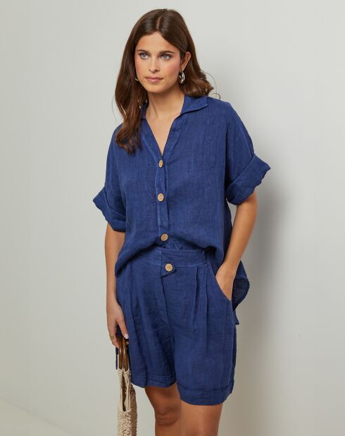 Marineblaues Marshmallow-Hemd aus 100% Leinen