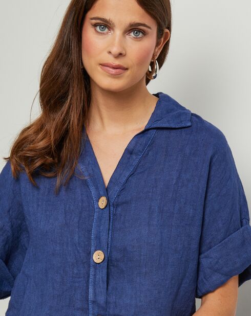 Marineblaues Marshmallow-Hemd aus 100% Leinen