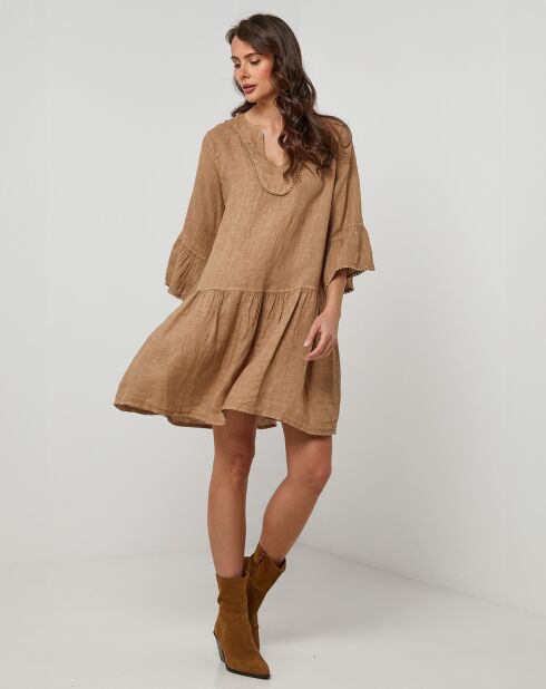 Camelfarbenes Couture-Kleid aus 100% Leinen