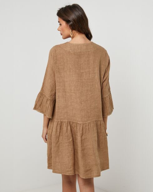 Camelfarbenes Couture-Kleid aus 100% Leinen