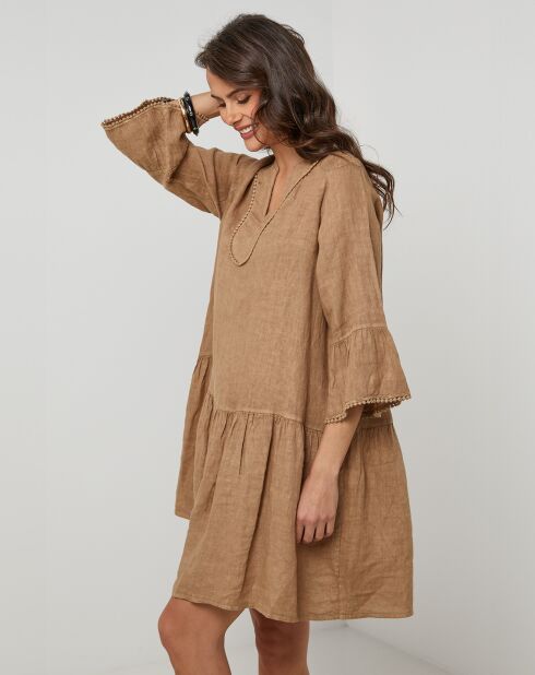 Camelfarbenes Couture-Kleid aus 100% Leinen