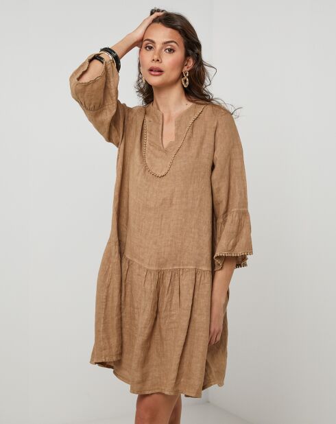 Camelfarbenes Couture-Kleid aus 100% Leinen
