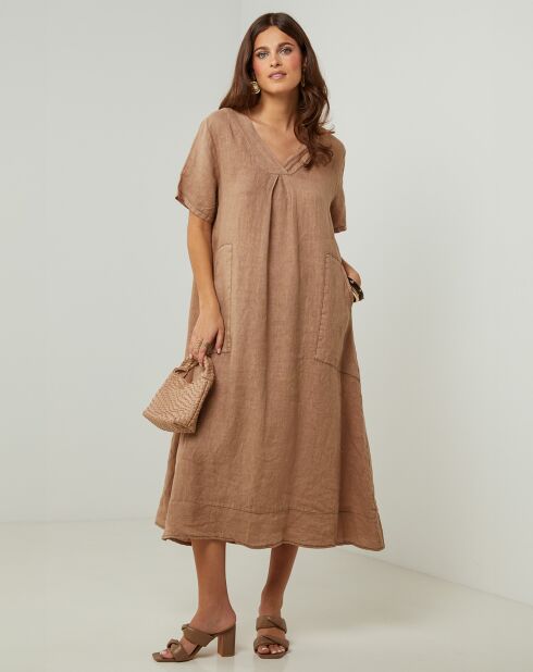 Groene camelkleurige jurk van 100% linnen