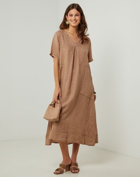 Groene camelkleurige jurk van 100% linnen