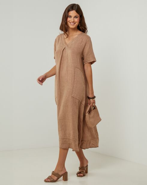 Groene camelkleurige jurk van 100% linnen
