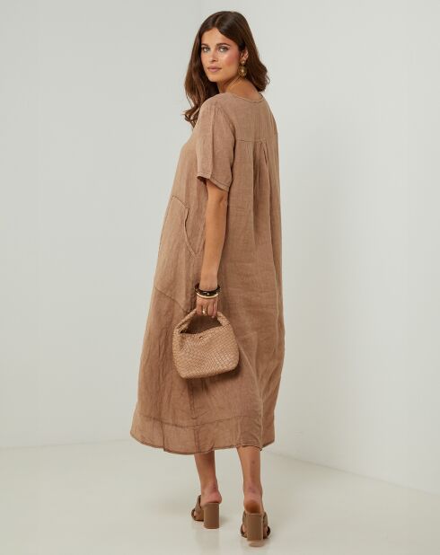 Groene camelkleurige jurk van 100% linnen