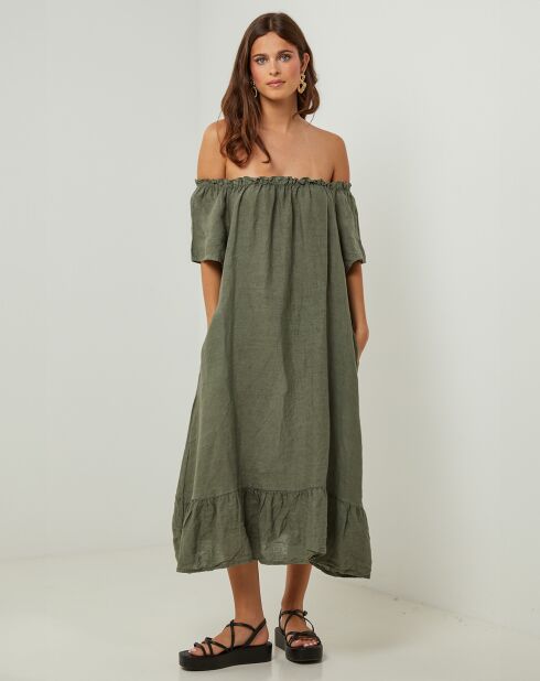 Manon khakifarbenes Kleid aus 100% Leinen