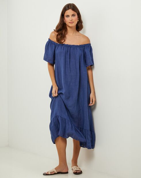 Marineblauwe jurk van 100% linnen Manon