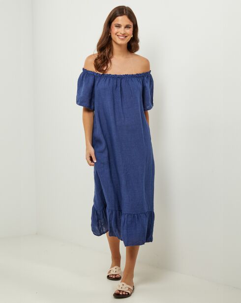 Marineblauwe jurk van 100% linnen Manon