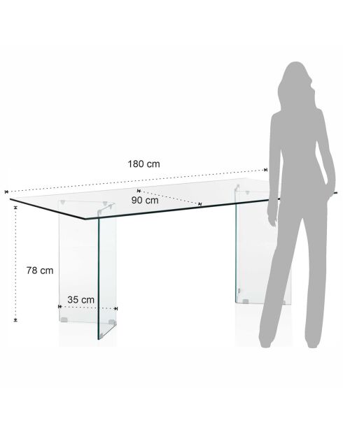 Table/Bureau rectangulaire Kaya 180 transparent - H78xL180xP90 cm