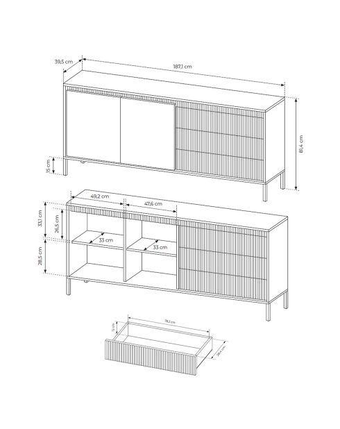 Buffet 2 portes + 3 tiroirs Gharbo noir - 81.4x187.1x39.5 cm