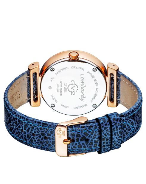 Montre Quartz Femme Lombardy en Cuir & Diamants 0.04 ct bleu/doré
