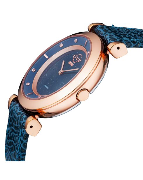 Lombardy kwartshorloge voor dames in leer en diamanten 0,04 kt blauw/goud