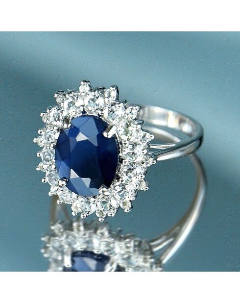 Bague Soleil Bleu Saphir 3.5 ct & Topaze blanche 1.33 ct or blanc