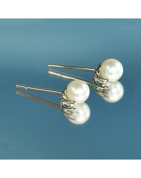 Boucles d'oreilles Perles Trio Brillant Diamants 0.02 ct or blanc