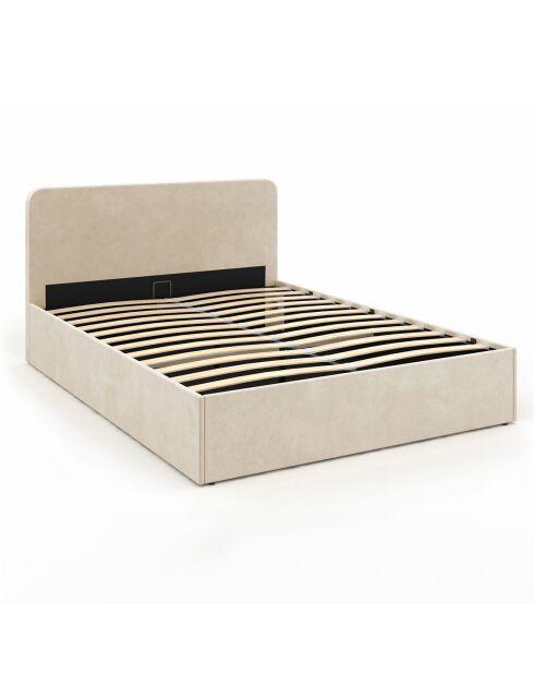 Lit coffre Louise en velours avec sommier et tête de lit arrondie beige - 140x190 cm