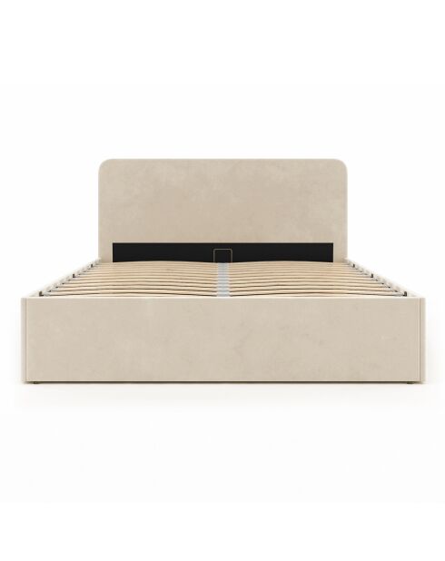 Lit coffre Louise en velours avec sommier et tête de lit arrondie beige - 140x190 cm