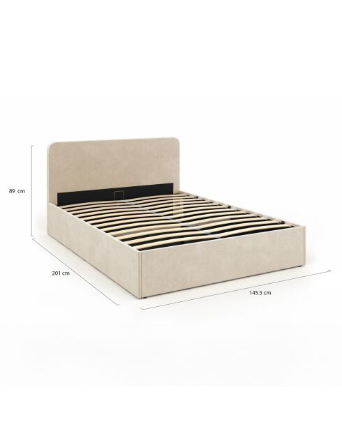 Cama baúl Louise de terciopelo con somier y cabecero redondeado beige - 140x190 cm