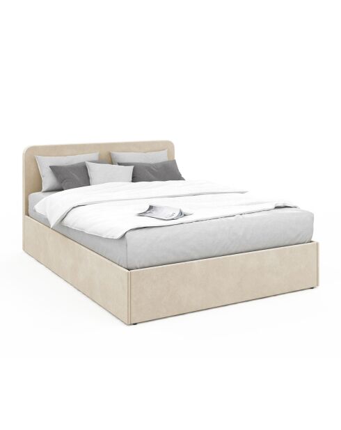 Cama baúl Louise de terciopelo con somier y cabecero redondeado beige - 140x190 cm