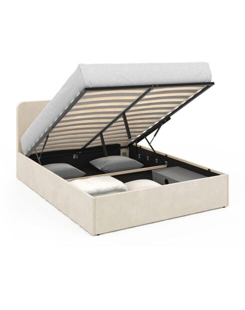 Lit coffre Louise en velours avec sommier et tête de lit arrondie beige - 140x190 cm