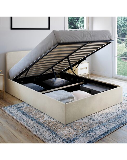Lit coffre Louise en velours avec sommier et tête de lit arrondie beige - 140x190 cm