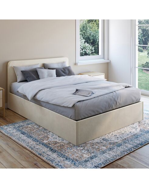 Couchbett Louise aus Samt mit Boxspringbett und beigem abgerundetem Kopfteil — 140x190 cm