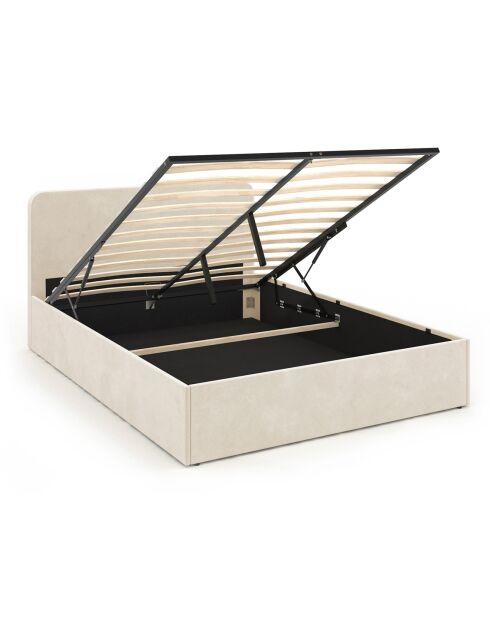 Lit coffre Louise en velours avec sommier et tête de lit arrondie beige - 140x190 cm