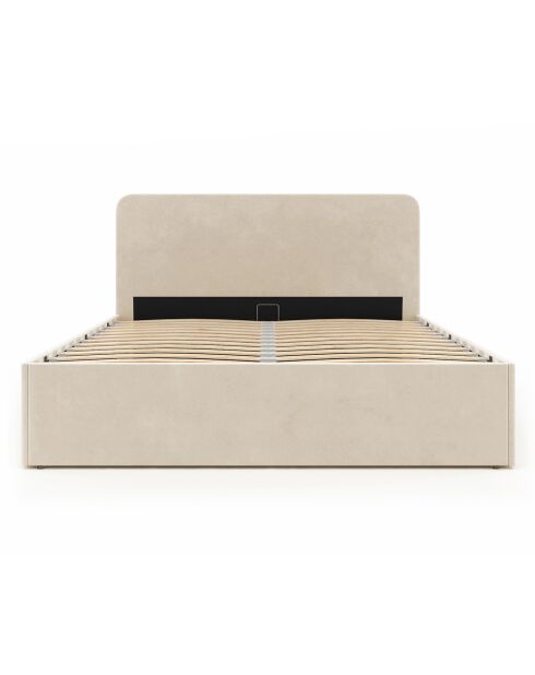 Lit coffre Louise en velours avec sommier et tête de lit arrondie beige - 160x200 cm