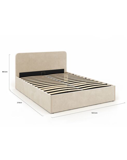 Lit coffre Louise en velours avec sommier et tête de lit arrondie beige - 160x200 cm