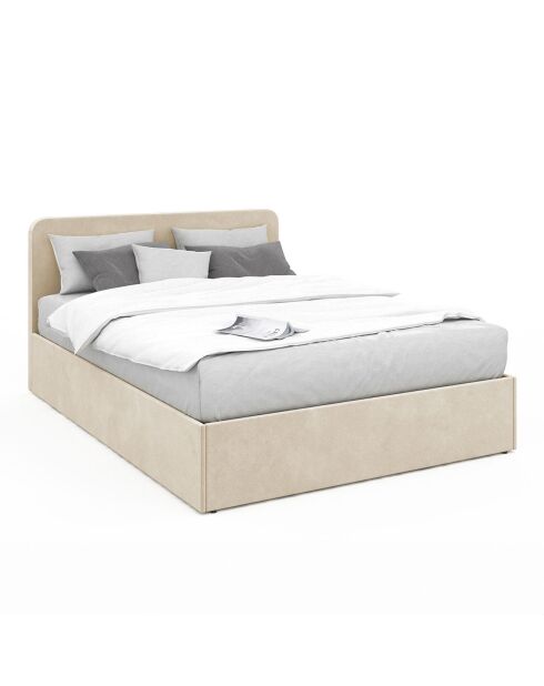 Cama baúl Louise de terciopelo con somier y cabecero redondeado beige - 160x200 cm